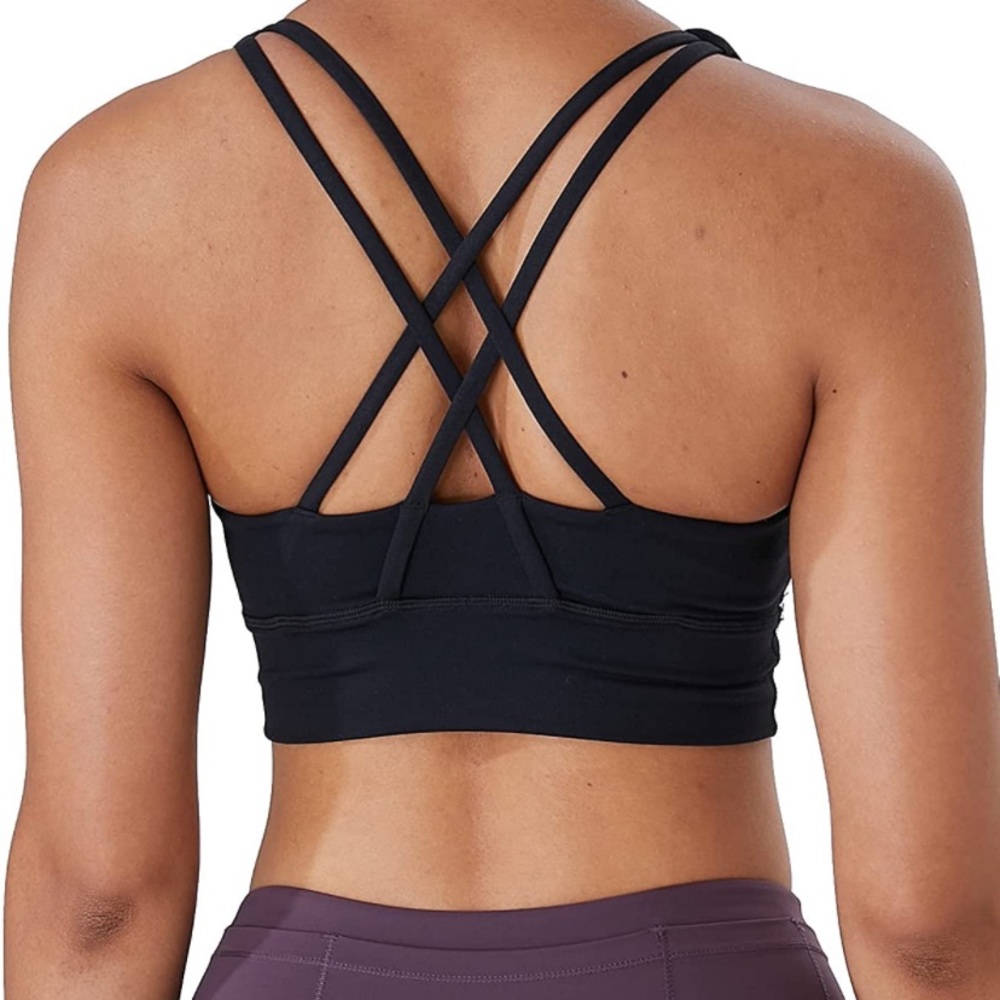Strappy black sports bra with removable padding
